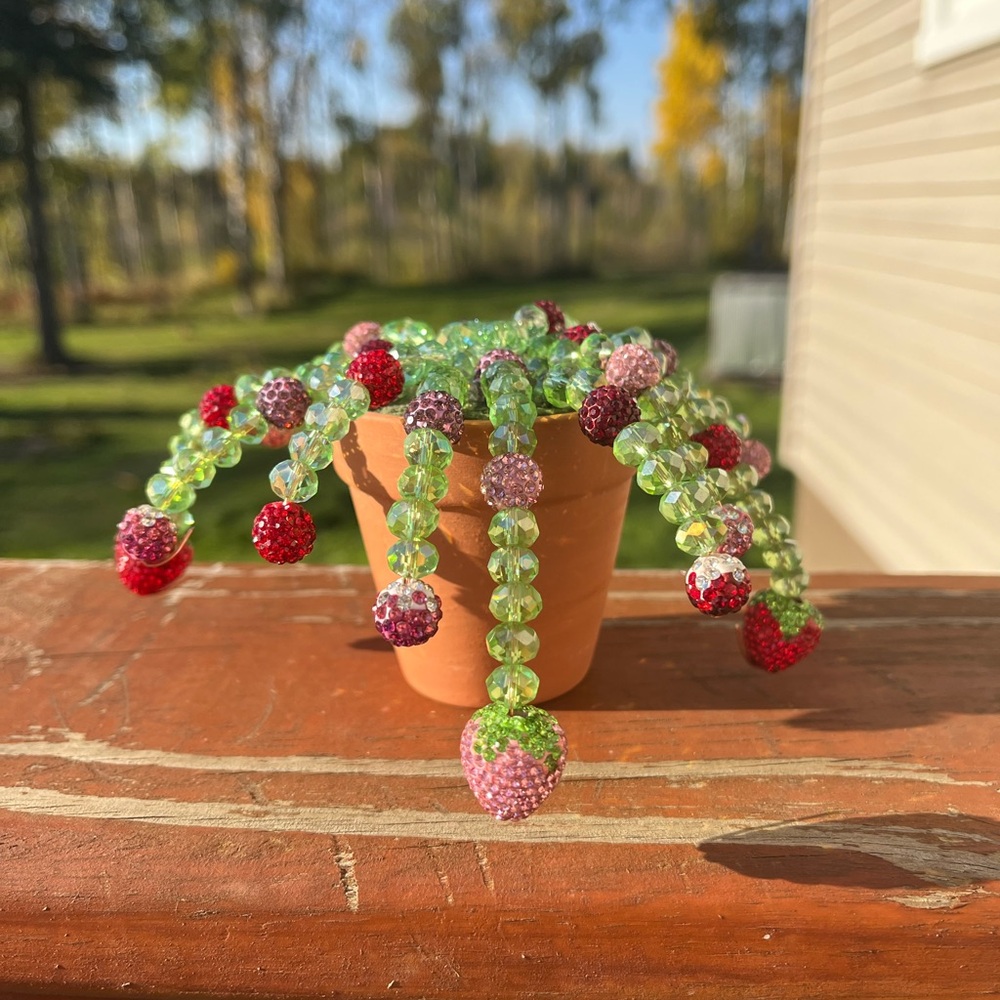 Handmade Beaded Rhinestone Strawberry Plant Decor
